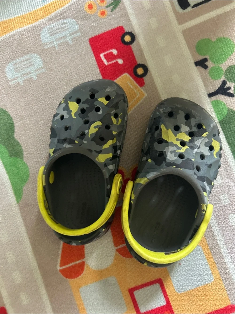 CROCS Kids Gray Camo Clogs with Yellow Strap Accents